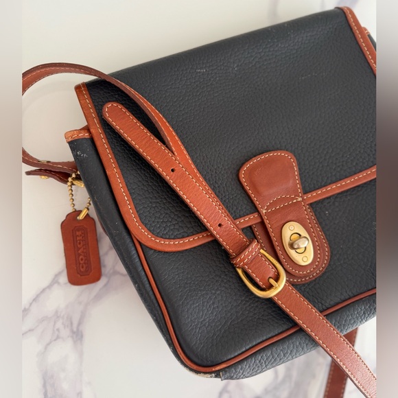 Vintage COACH Wrinkled Leather Crossbody Bag, Navy / Brown - Picture 2 of 16